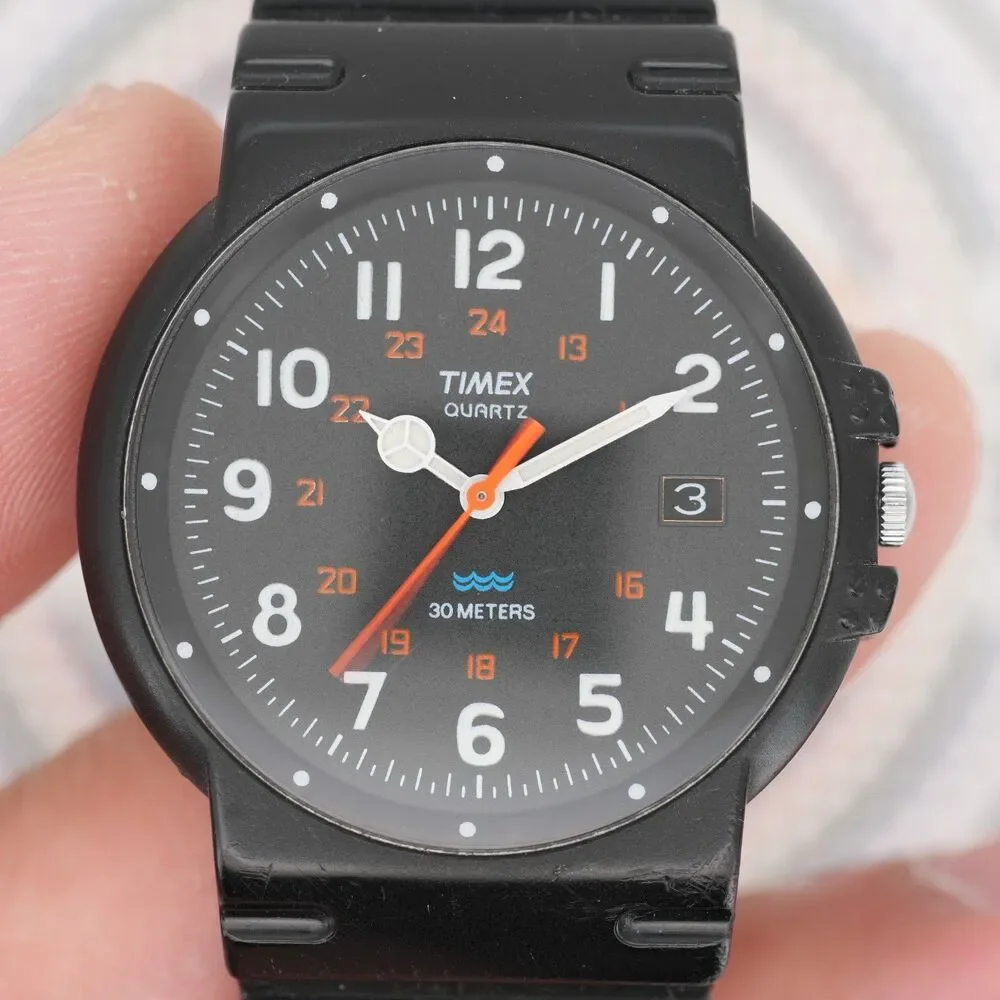 Vintage 90s Timex Quartz Military Style Watch 36mm Black - Date not working